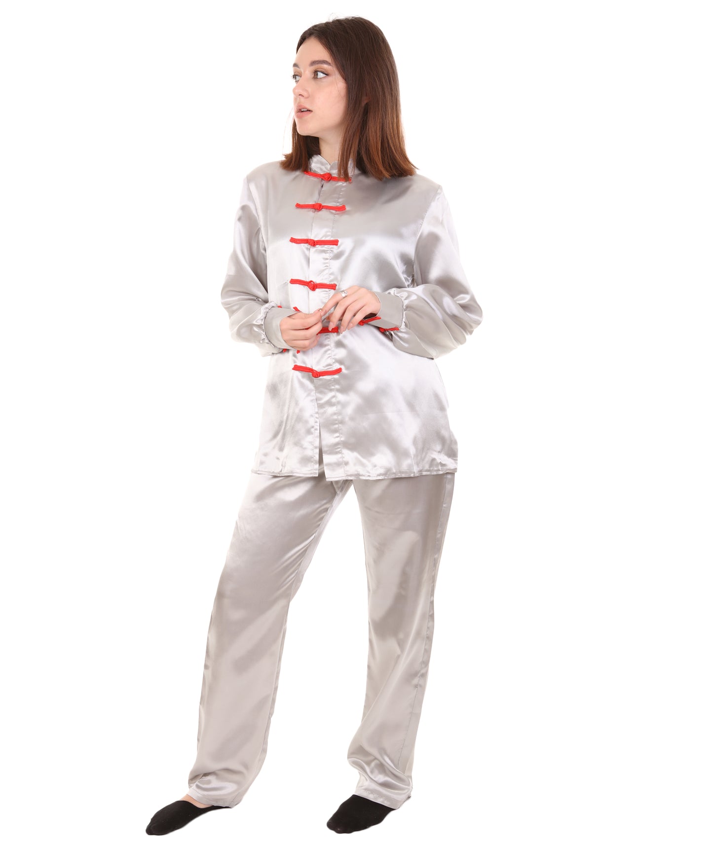 大人用ウィメンズ JCO-270_16 中国の伝統的なカンフー シルバーサテン 制服 コスプレ衣装