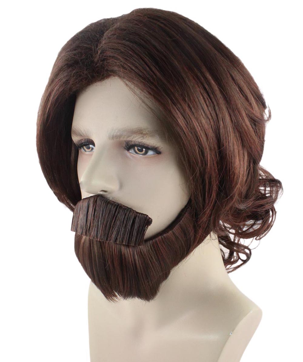 ブラウン カーリー ウェーブ 男性 ウィッグ & ビアード セット H-2361 コスプレ ハロウィン ウィッグ プレミアム 通気性のあるキャプレスキャップ