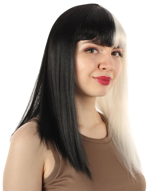 女性 18インチ シルキーな中程度のストレート長さ ディーバウィッグ ホワイトブラック H-5378_21 合成繊維の髪 バングス付き ハロウィーン パーティーウィッグ