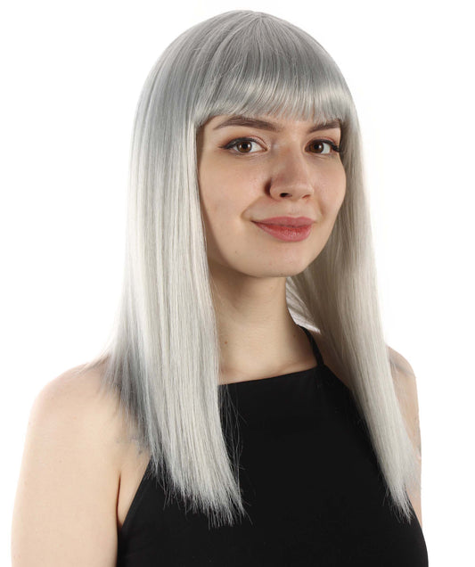 女性 18インチ シルキーな中程度のストレート長さ ディーバウィッグ ダークグレー H-5378_16 合成繊維の髪 バングス付き ハロウィーン パーティーウィッグ