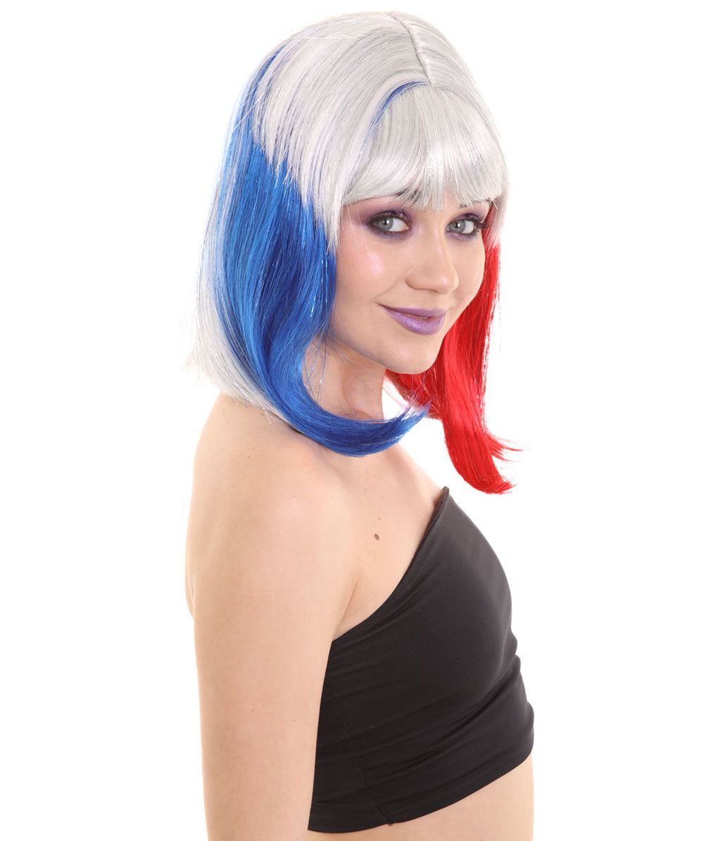 ハロウィンパーティ H-5218 女性用 赤白青ボブウィッグ プレミアム 通気性抜群のキャップレスキャップ