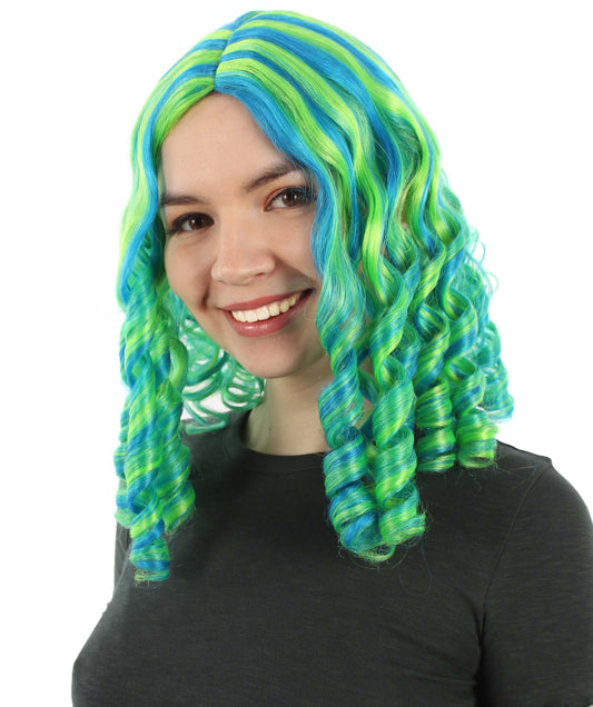 女性用14インチショルダーレングスウィーブカーリーゴルディロックスウィッグ グリーンオンブレ H-5377_29 ソフト合成繊維ヘア ハロウィンパーティーウィッグ