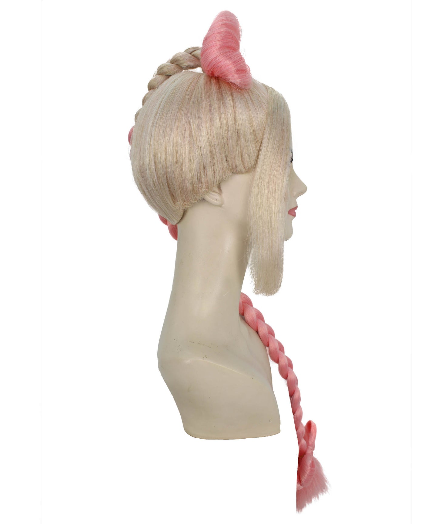 女性用 H-5847 ピンクとブロンド ソミ ブレイデッド ポニーテール ウィッグ ハロウィンに最適 難燃性合成繊維