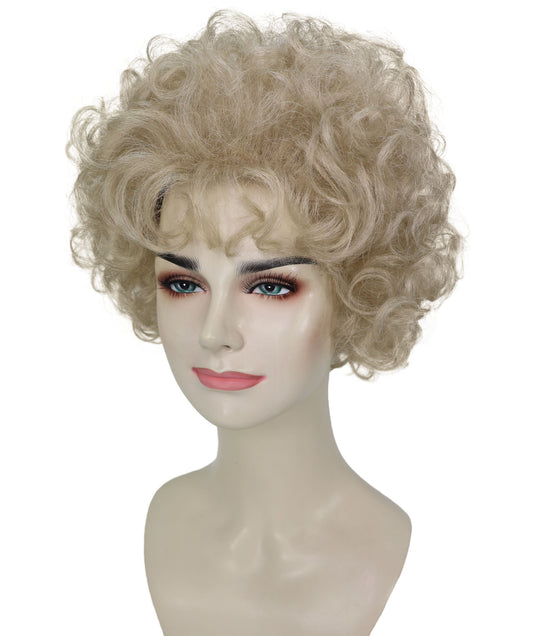 レトロ90年代ショートカーリーブロンドH-6800レディースキャスウィッグ、コスプレコスチュームパーティーテーマイベント用、通気性のあるキャップデザイン、快適なフィット感、レトロなルックス、フェスティバル、ロールプレイに最適