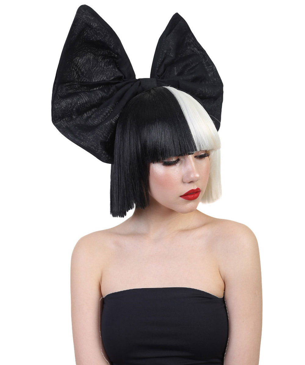 Wigs2you ハロウィンパーティープレミアムレディース SIA ブラックとホワイトウィッグ 黒いリボン H-518