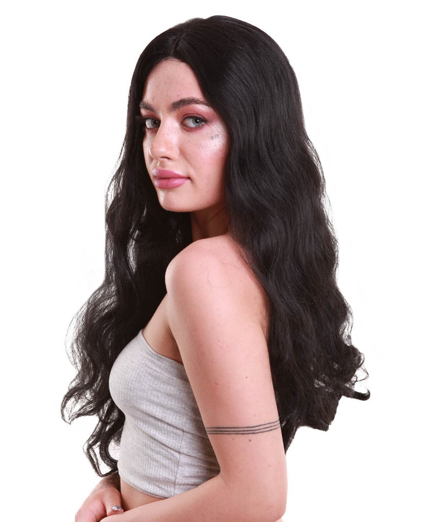 女性 ロング カーリー センターパーティング ブラック ウィッグ H-5094 プレミアム 通気性の良いキャップレスキャップ