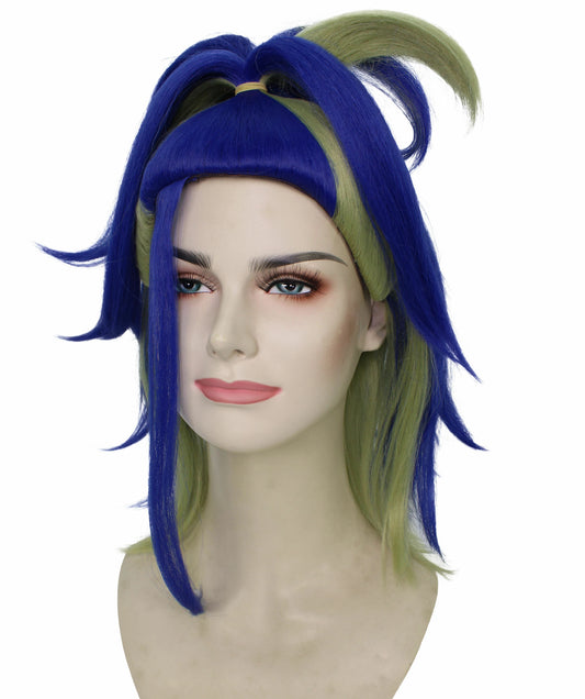 女性用アニメコスプレウィッグ H-6267 ブルースパイクハーフポニーテール、難燃性合成繊維構造