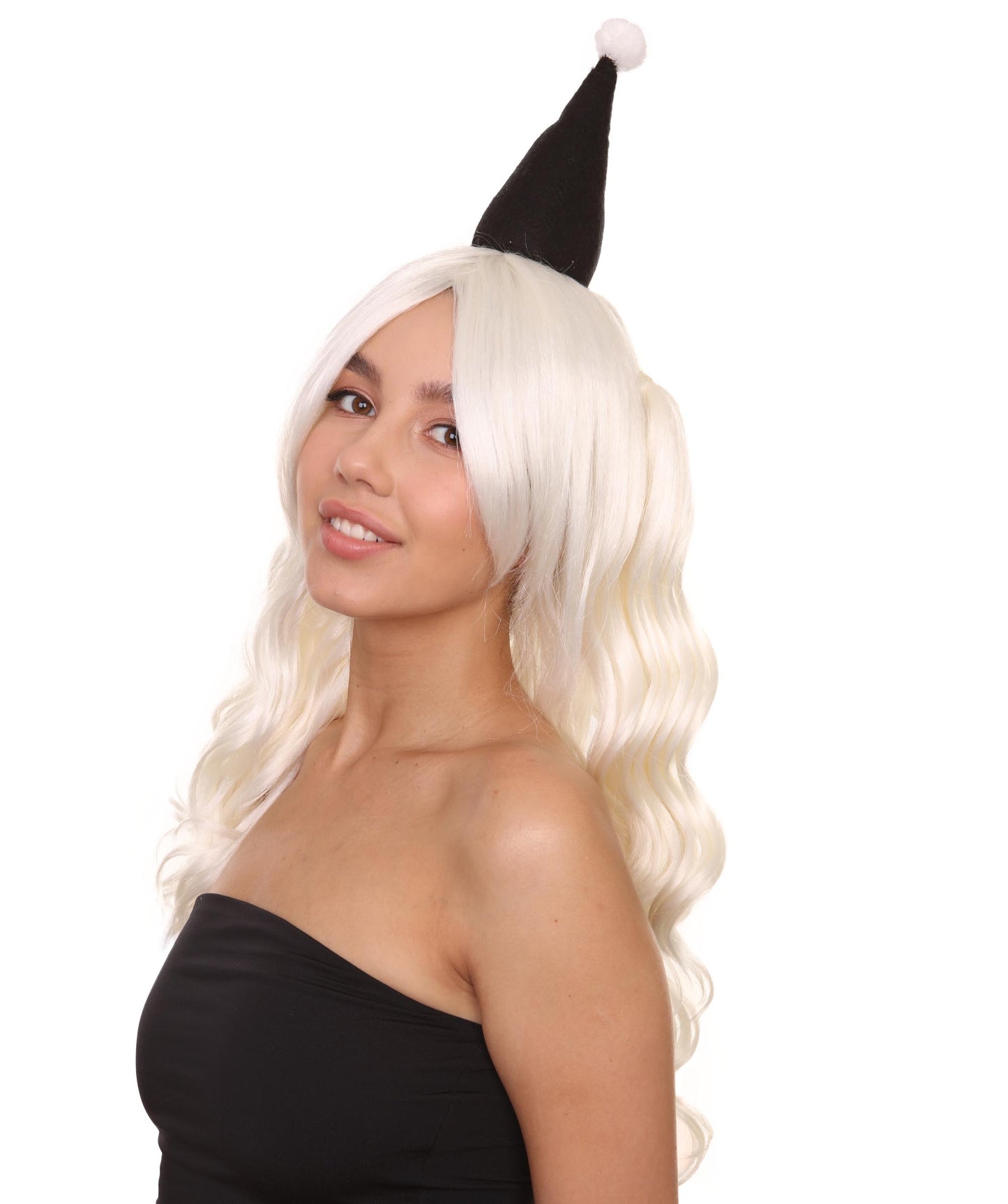 クラウンガール 2つのポニーテール ホワイトウィッグ 小さな帽子付き H-3827 キャラクターコスプレハロウィンウィッグ プレミアム 通気性の良い キャップレスキャップ