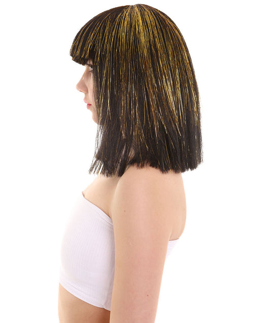 ハロウィンパーティ H-5212 女性用 ロングブラック90'sボブ 金色のティンセルハイライトウィッグ プレミアム 通気性抜群のキャップレスキャップ