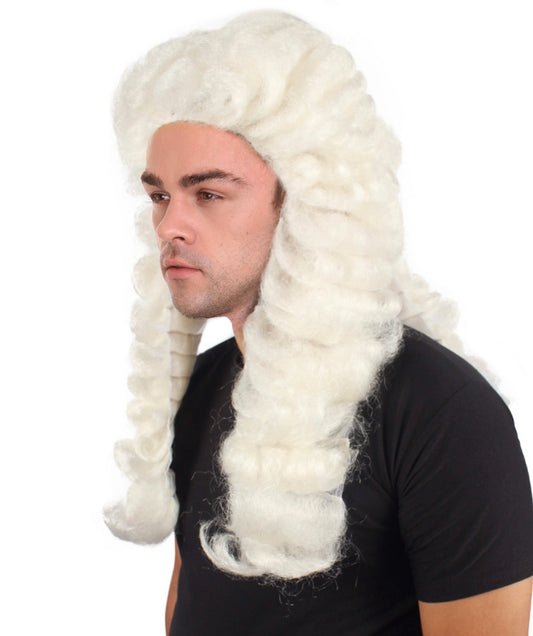 男性用コロニアル裁判官カーリーロングホワイトウィッグ H-4332 プレミアム通気性キャップレスキャップ