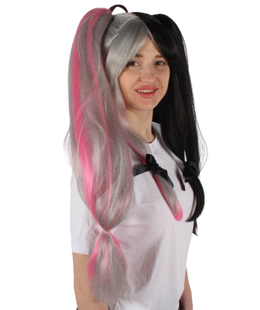 女性用 H-6218 日本の VTuber 黒とピンクのダブルテールウィッグ ハロウィンに最適 難燃性合成繊維