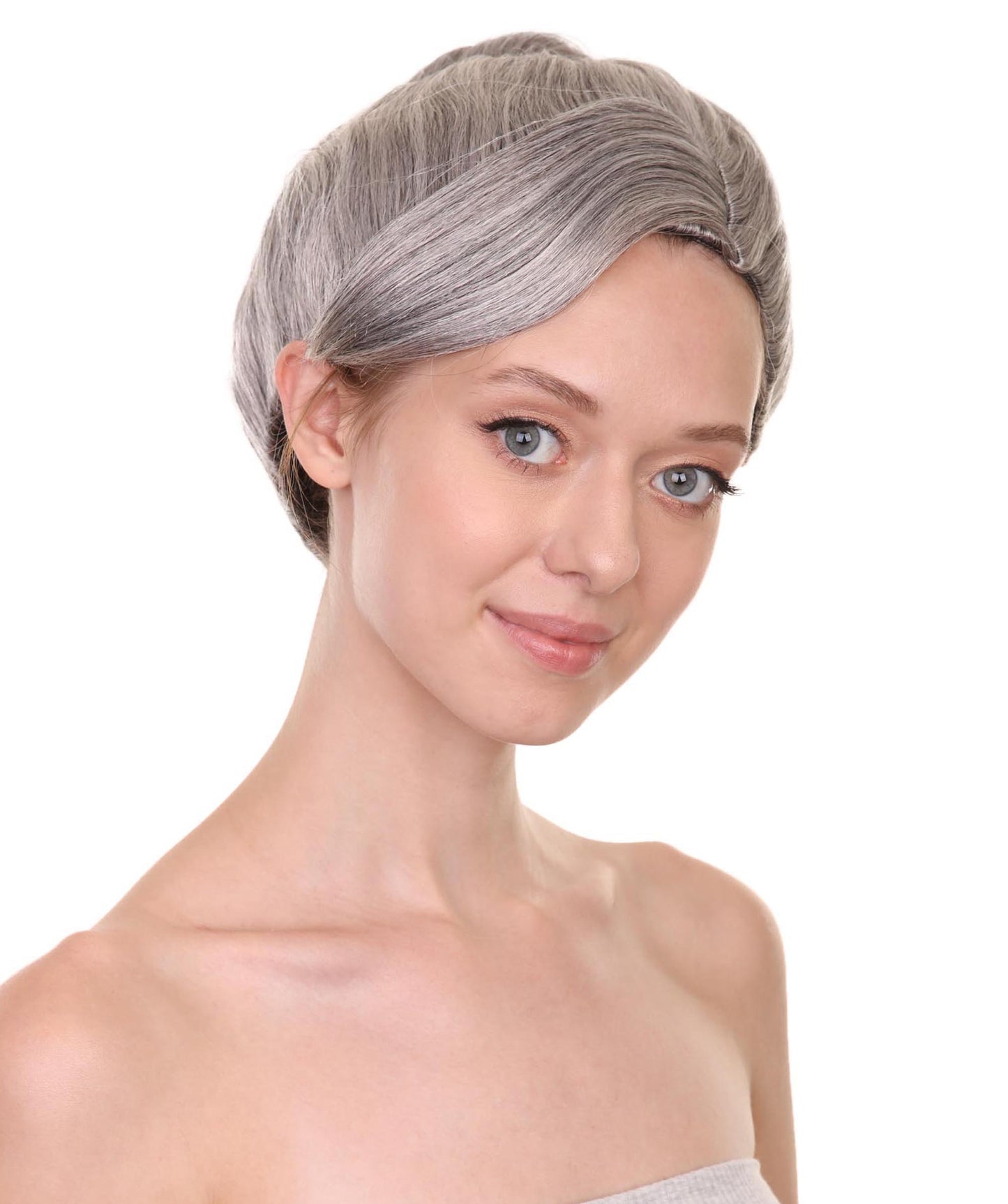 コスプレ用ウィッグ Mrs Zimmermann H-3832 グレー おばあちゃんのヘアバン付きウィッグ プレミアム 通気性の良い キャップレスキャップ