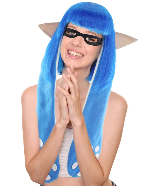 ハロウィンパーティ プレミアムレディース H-4717 スプラトゥーン ブルーインクリングガール ブルーウィッグと耳、マスクセット