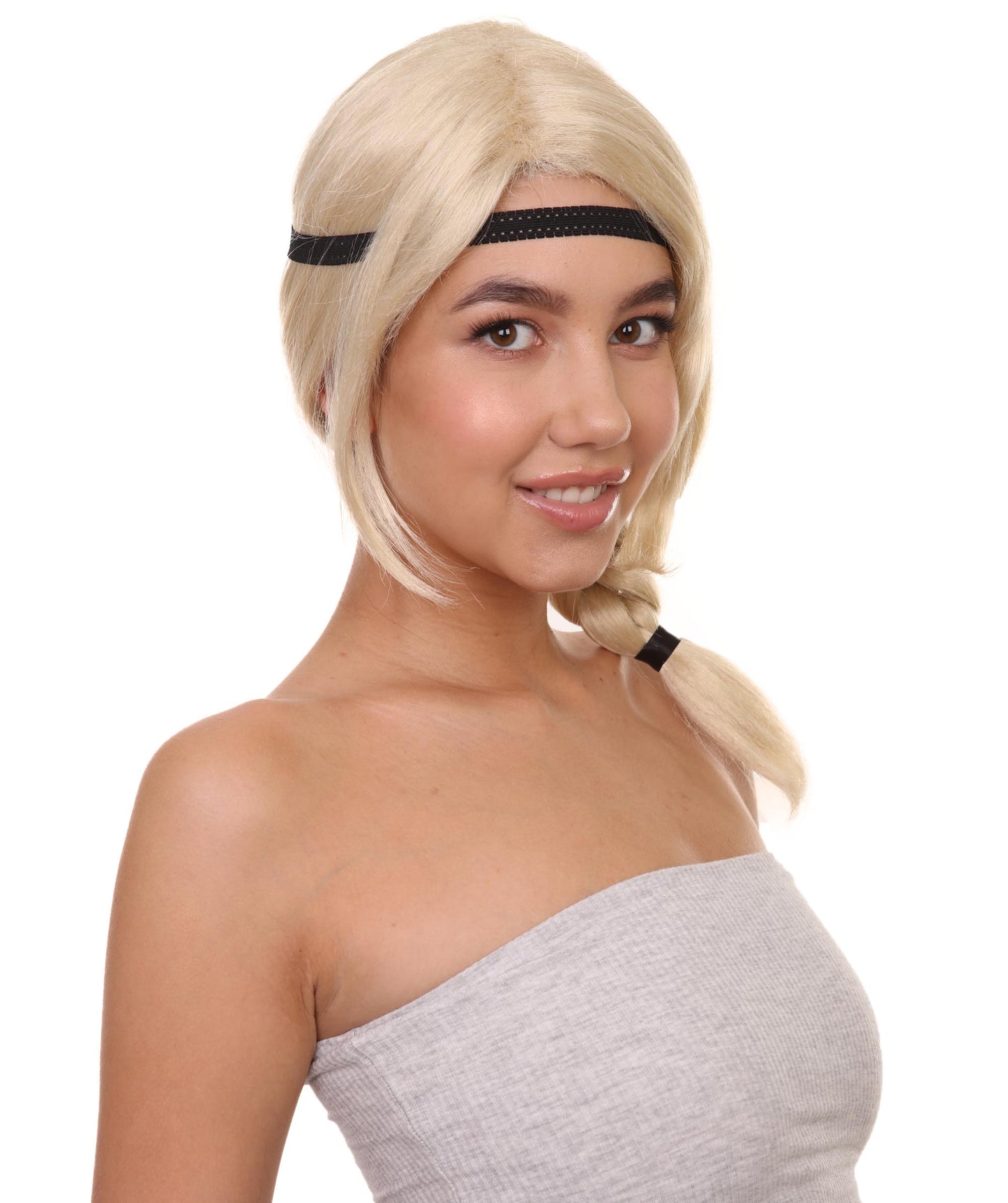 ハロウィンパーティ プレミアム H-5095 女性スタイル ポニーテール 黒ヘアバンド付き ブロンドウィッグ