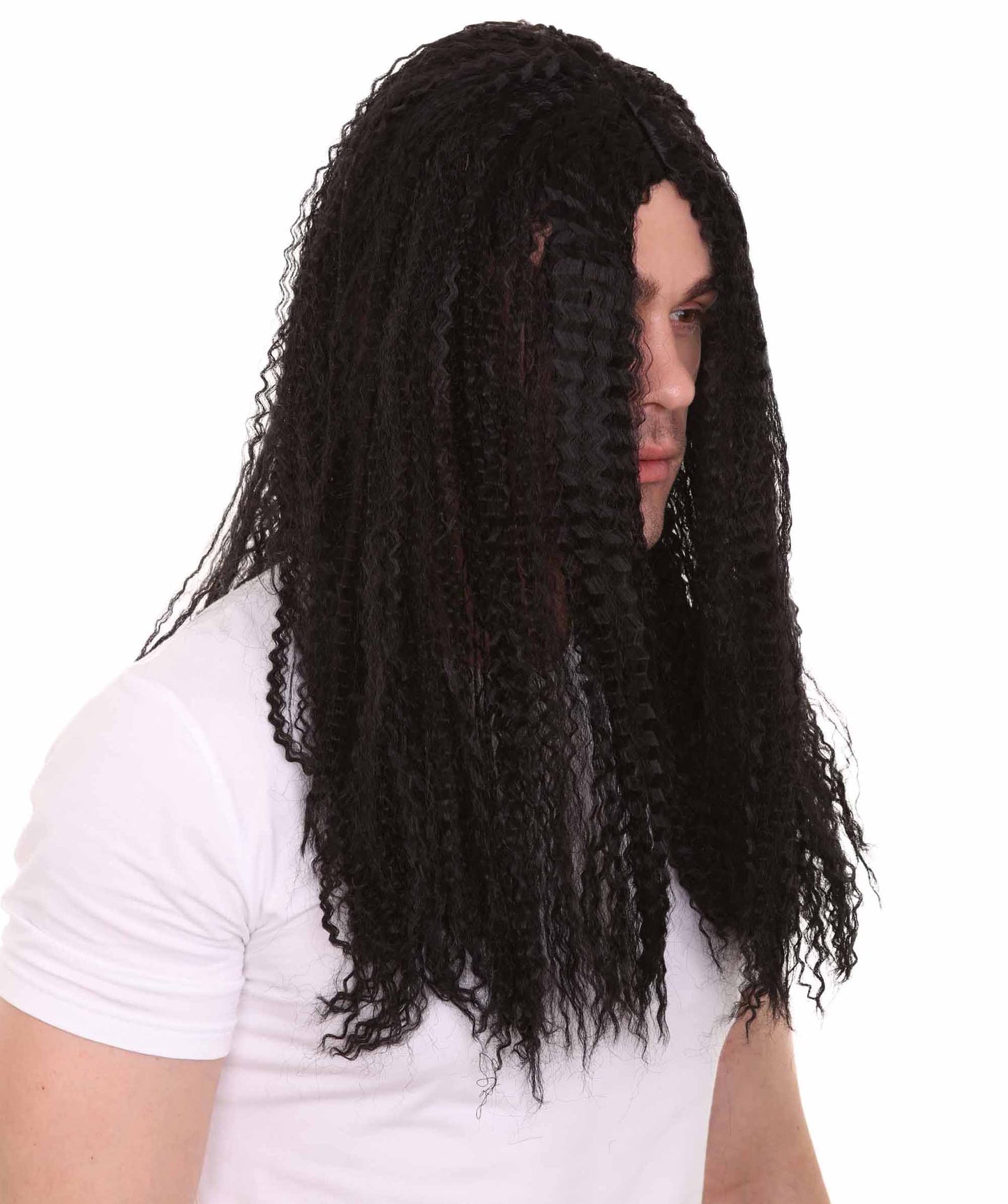 ウェービーブラックロングウィッグ 男性用 H-4302 プレミアム通気性キャップレスキャップ