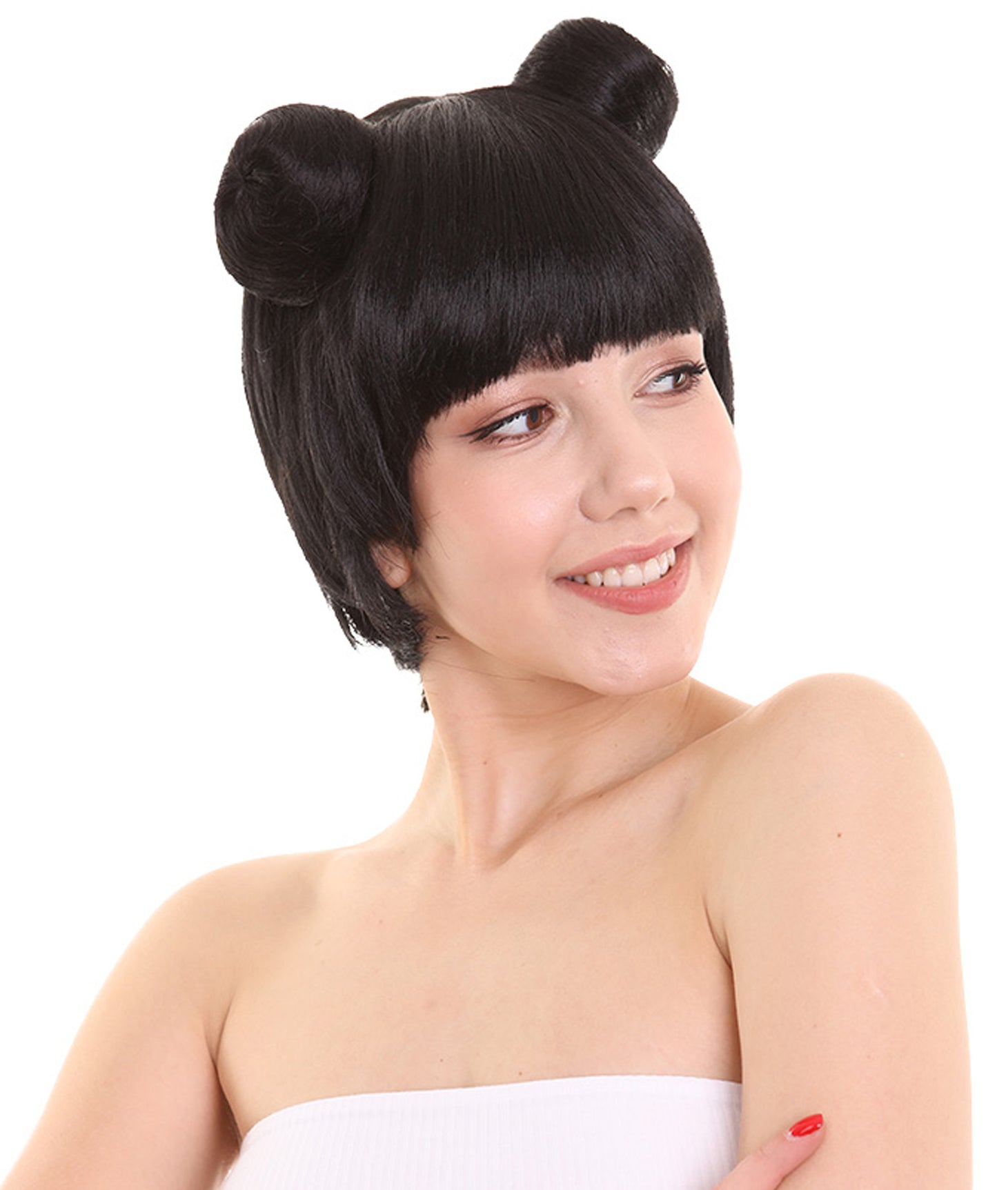 女性用ニッキー・ミナージュ チュン・リ 2つのバンズ ブラックウィッグ H-4699 セレブリティウィッグ プレミアム通気性キャップレスキャップ