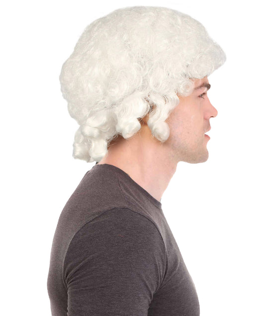 男性用コロニアルカーリーホワイト歴史的ウィッグ H-4339 プレミアム通気性キャップレスキャップ