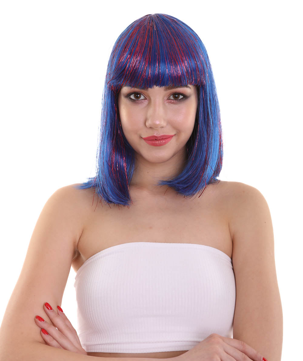 Halloween Party H-5216 Women Tinsel Bob Chin Length Wig with Tinsel Highlights Blue and Purple Premium Breathable Capless Cap