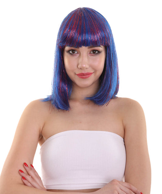 Halloween Party H-5216 Women Tinsel Bob Chin Length Wig with Tinsel Highlights Blue and Purple Premium Breathable Capless Cap