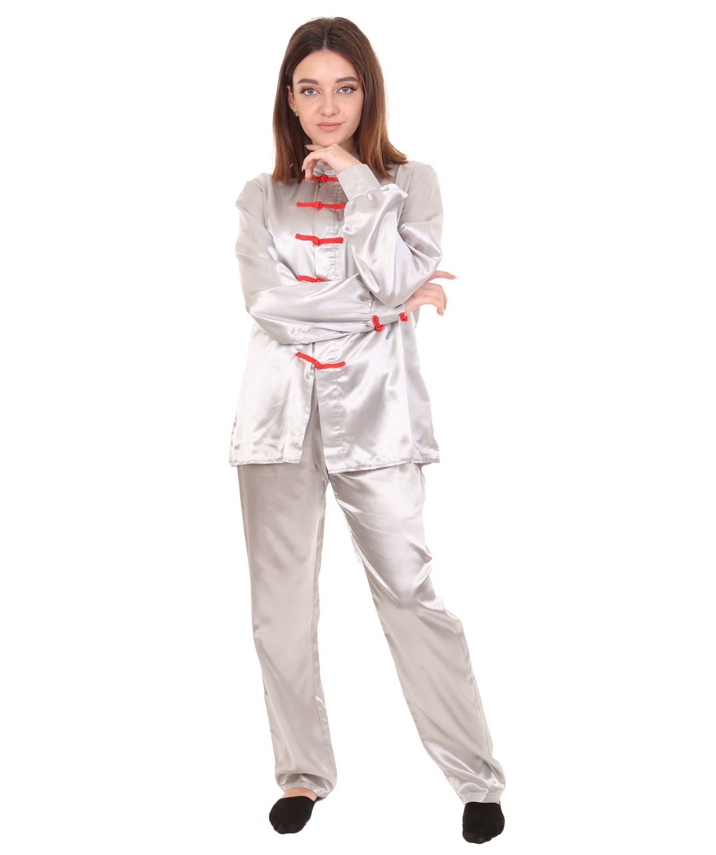 大人用ウィメンズ JCO-270_16 中国の伝統的なカンフー シルバーサテン 制服 コスプレ衣装