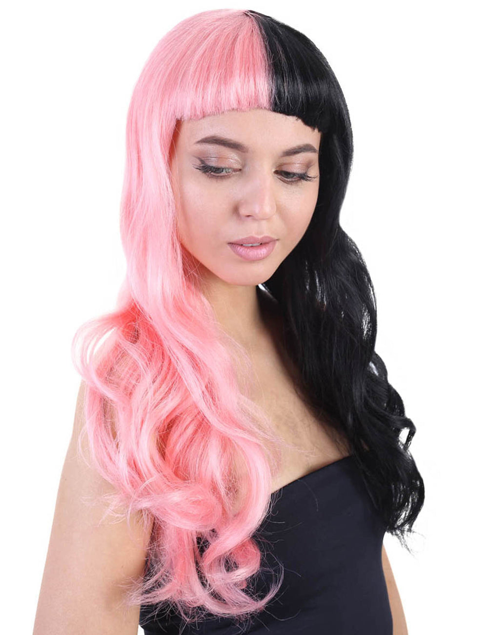 Wigs2you ハロウィンパーティープレミアムレディース H-1471 美しいルックを手に入れよう!独占!コスプレウィッグ メラニー 長いウェービーハーフピンクとブラックスタイル