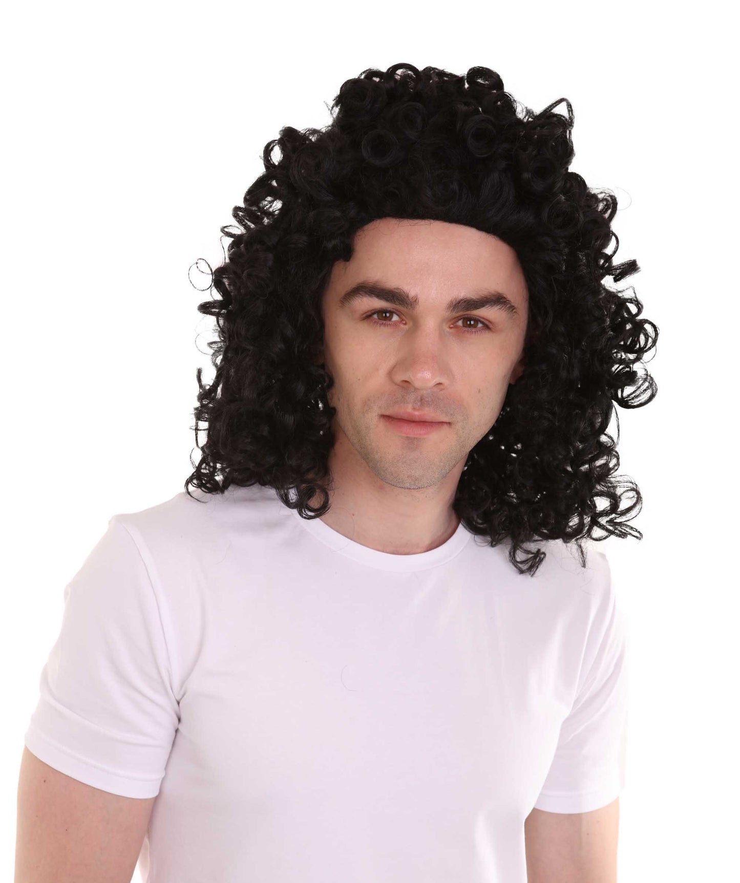 ハロウィンパーティ 男性用 H-4280 カーリーロックスターウィッグ 黒 プレミアム通気性キャップレスキャップ