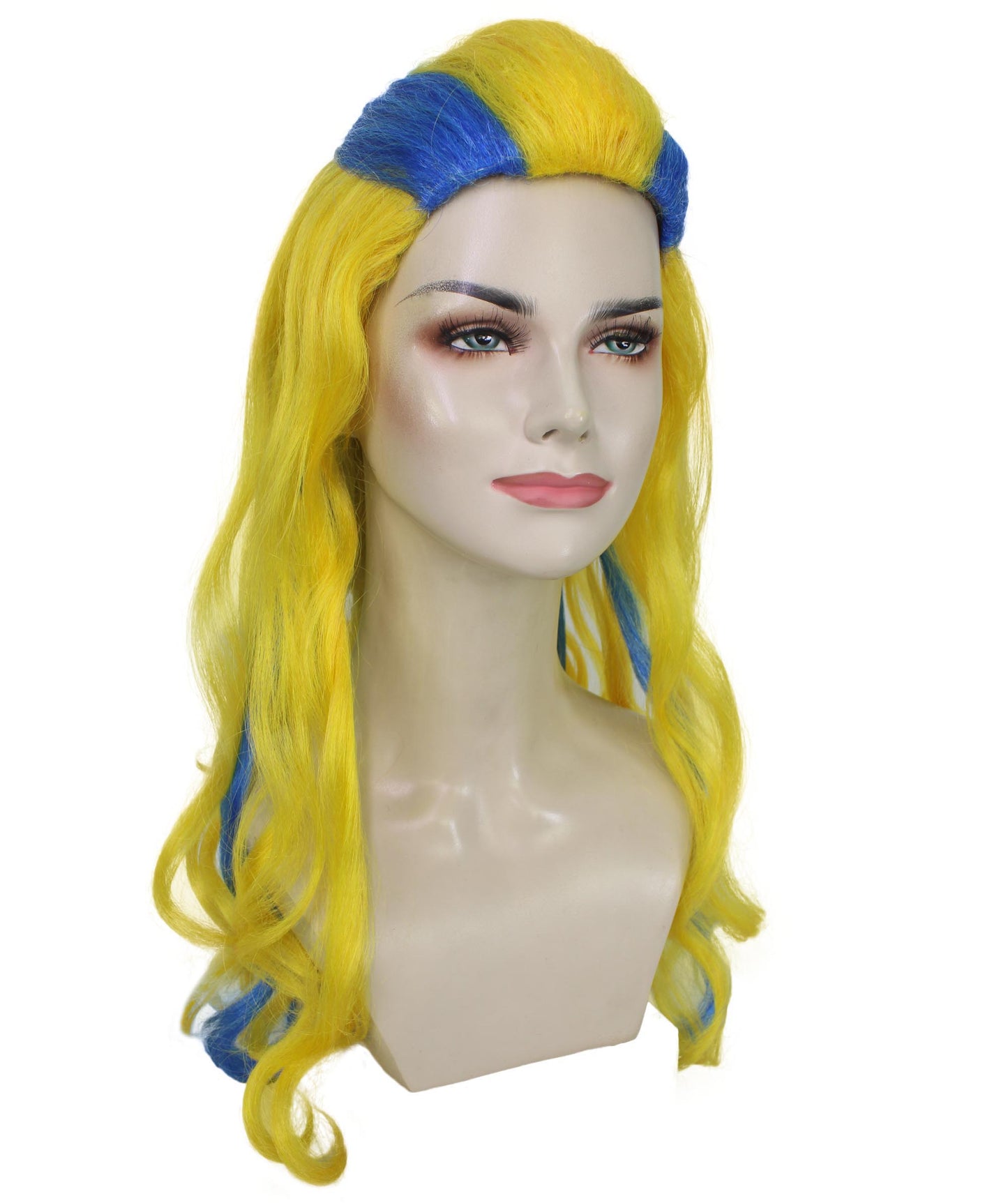 女性用H-5886 パフォーマー ドラッグ イエロー&ブルー ウィッグ ハロウィンとコスプレパーティーに最適 難燃性合成ファイバー