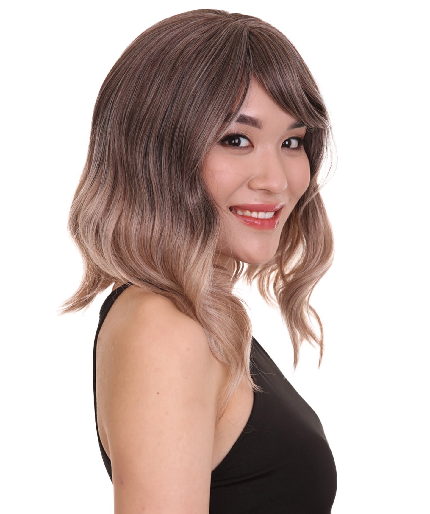 女性用ショルダーレングス 熱耐性ウェービーボブウィッグ ブラウン H-5199 コスプレウィッグ プレミアム通気性キャップレスキャップ