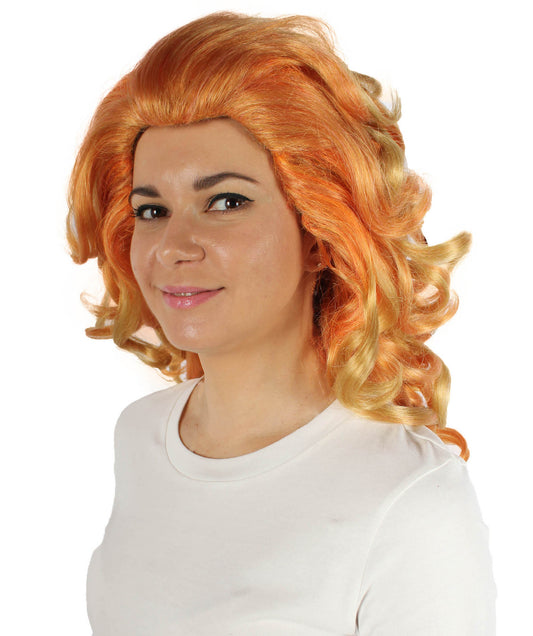 女性用 H-5843 オレンジ ロング カーリー TV アニメキャラクター ウィッグ ハロウィンに最適 難燃性合成繊維