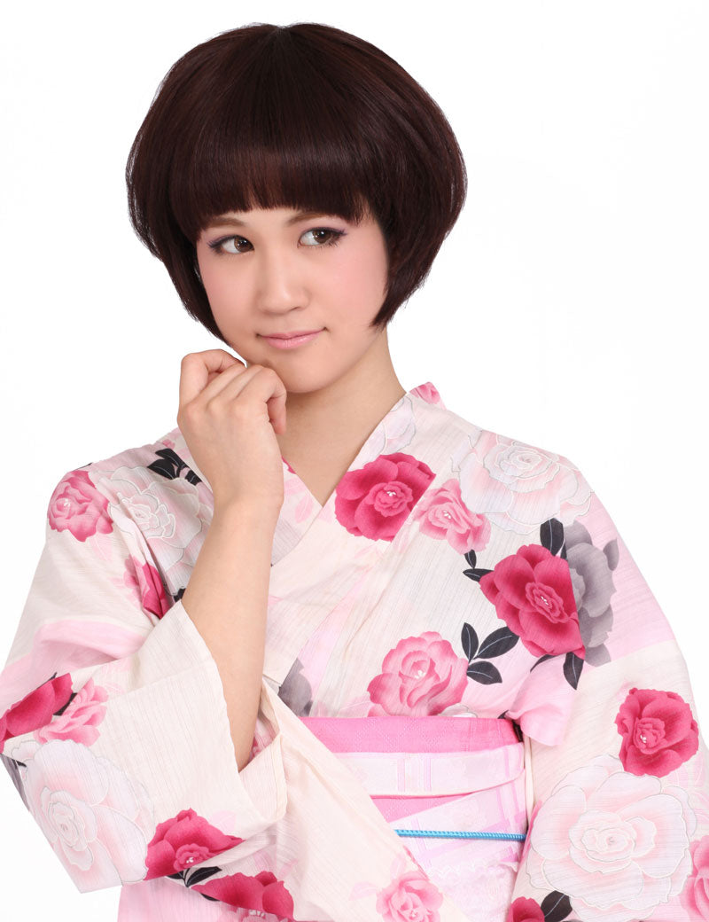 "耐熱商品☆トップに重みを持たせたショートヘア!毛先の軽やかさとお目めパッチりなパッツン前髪が可愛い♪ ウィッグネット付き♪ W-596 "