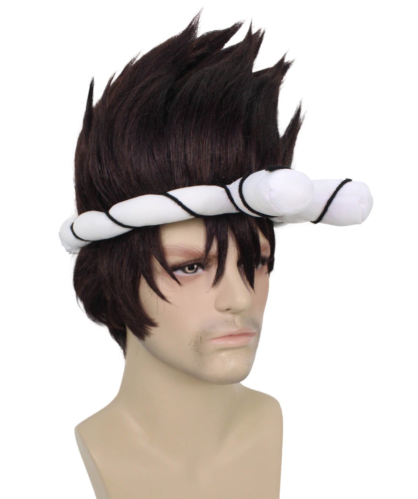 Wigs2you H-6919 黒のスパイキーウィッグと白の結び目付きヘッドバンド|ハロウィンに最適|プレミアムな通気性のあるキャップレスキャップ