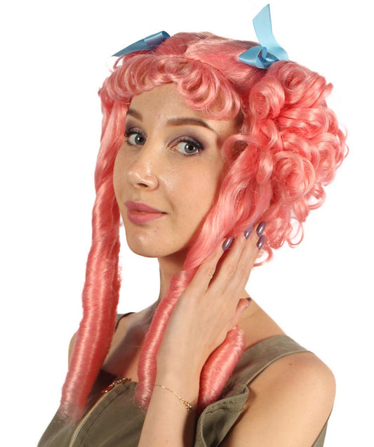 ウィメンズ コロニアルレディブルーレース付きウィッグ ピンク H-4176 歴史的ウィッグ プレミアム通気性のキャップレスキャップ