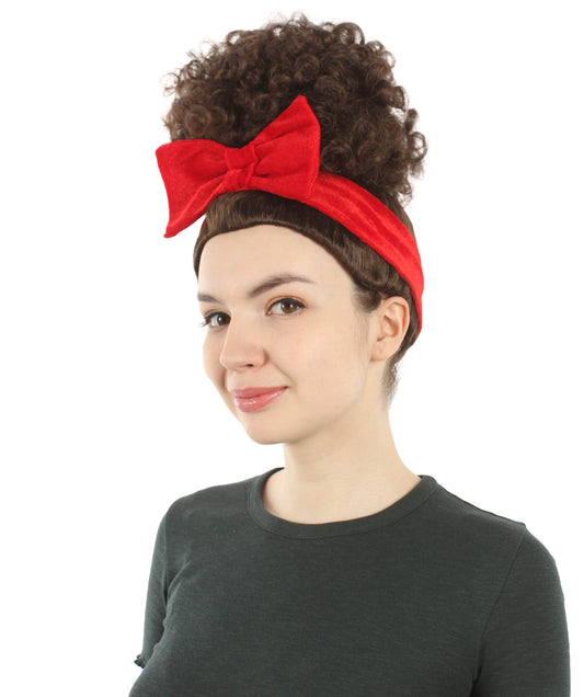 大人向け女性用 H-5786 アニメ カートゥーン ミュージカル ムービー カーリー ブラウン ウィッグ バンとレッドリボン付き 難燃性合成ファイバー