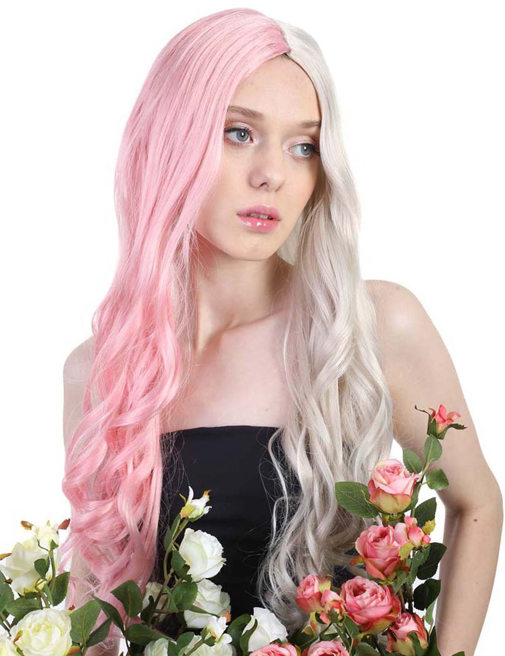 Wigs2you ハロウィンパーティープレミアムレディース H-1464 美しいルックを手に入れよう!長いカーリーハーフライトピンクとブロンドウィッグスタイル