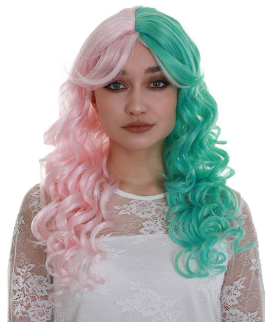 ハロウィンパーティープレミアム レディース H-5321 トゥートーン グリーンアンドピンク カーリーミディアムレングス トレンディ カリプソウィッグ