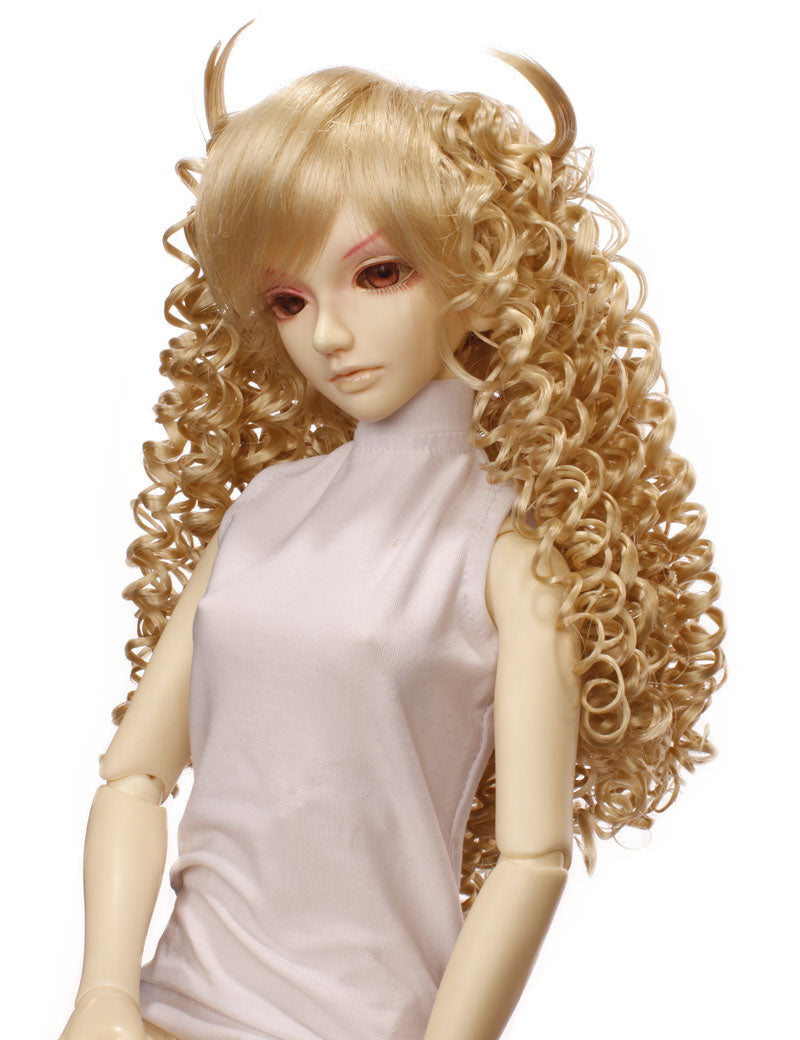 華麗なイービルスタイルのロングウェービーヘアの人形のウィッグ W-647 プラチナブロンドの滑らかなスリックバングとエッジィな仕上がり