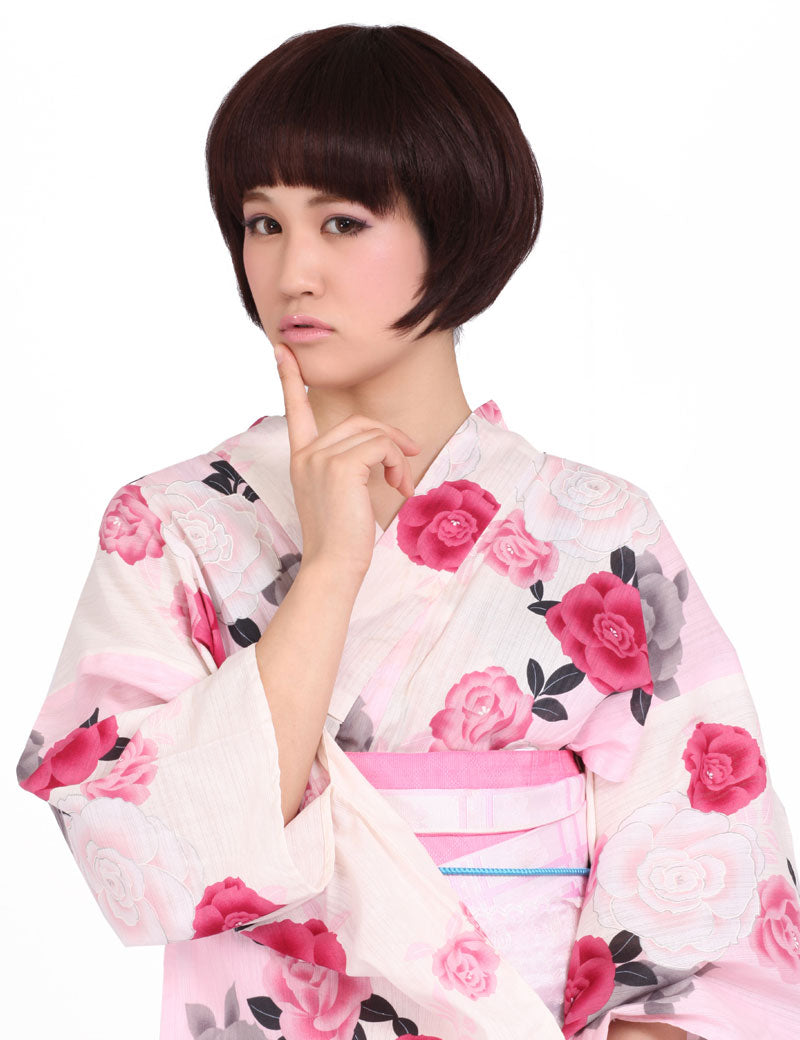 "耐熱商品☆トップに重みを持たせたショートヘア!毛先の軽やかさとお目めパッチりなパッツン前髪が可愛い♪ ウィッグネット付き♪ W-596 "