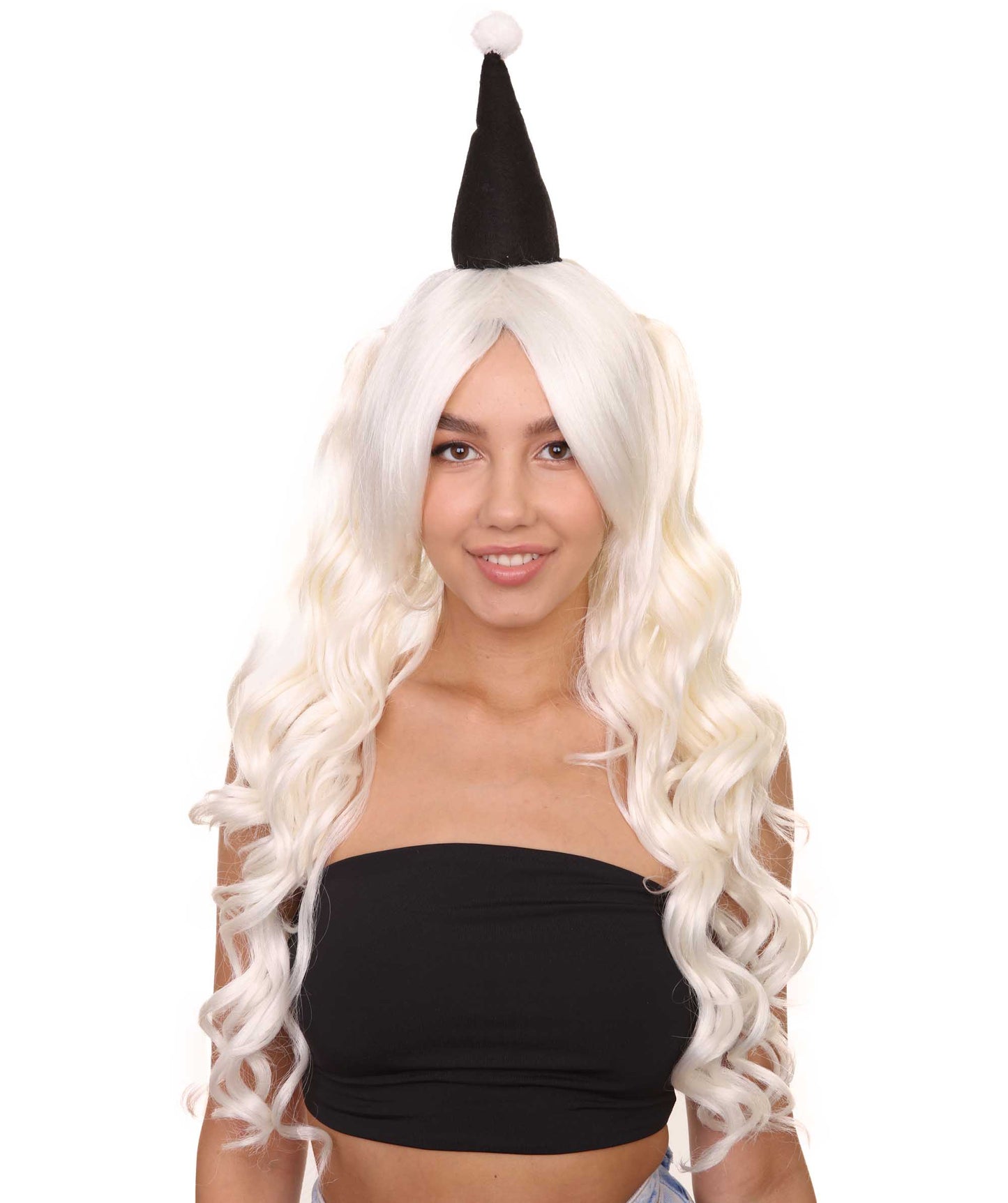 クラウンガール 2つのポニーテール ホワイトウィッグ 小さな帽子付き H-3827 キャラクターコスプレハロウィンウィッグ プレミアム 通気性の良い キャップレスキャップ