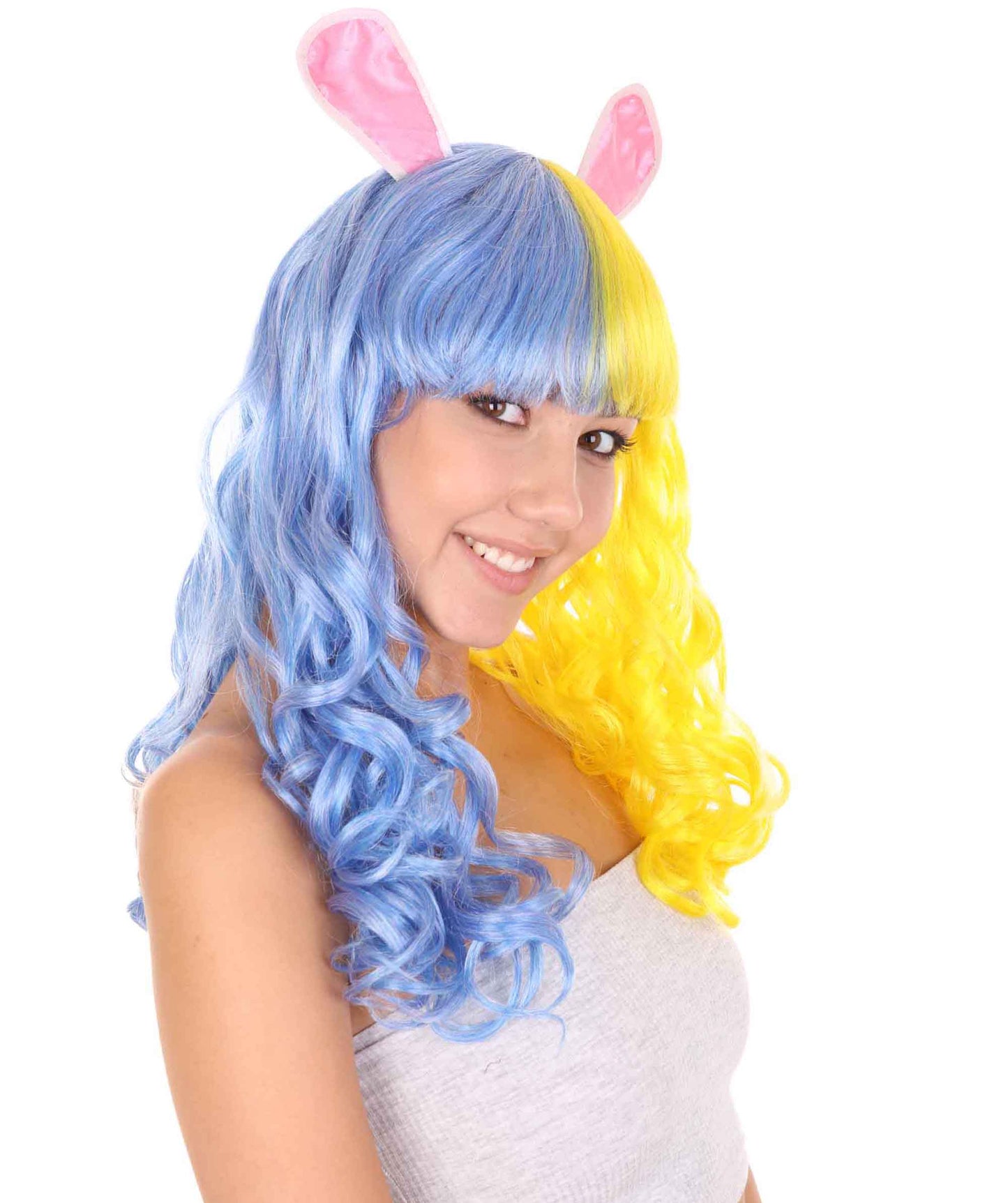 Wigs2you ハロウィンパーティープレミアムレディース H-1780 華やかに見えるイースターバニー ブルー&イエローのロングウェーブパーティーウィッグ