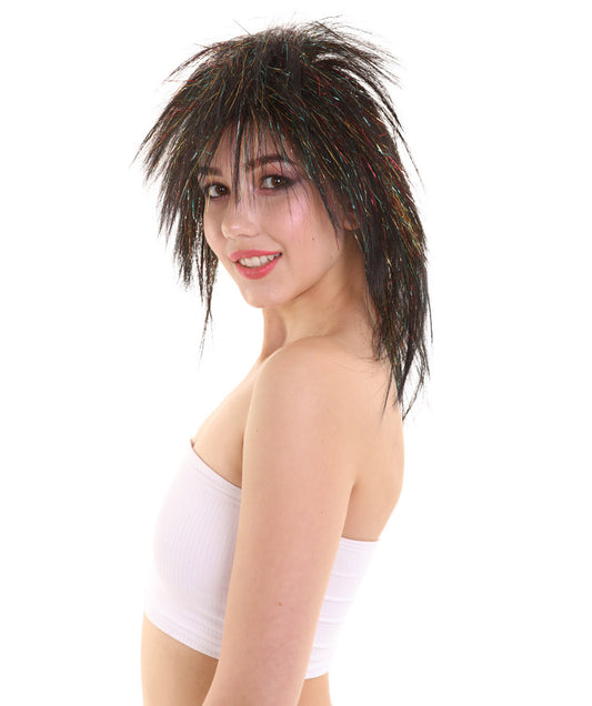 ハロウィンパーティ H-5210 女性用 ロングブラックレイブマレット 金色のキラキラハイライトウィッグ プレミアム 通気性抜群のキャップレスキャップ