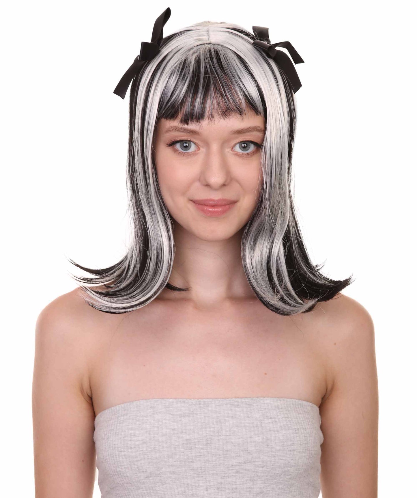女性用ゴーストリーゾンビウィッグリボン付きツートーンマルチカラーウィッグ H-4636 プレミアム通気性キャップレスキャップ