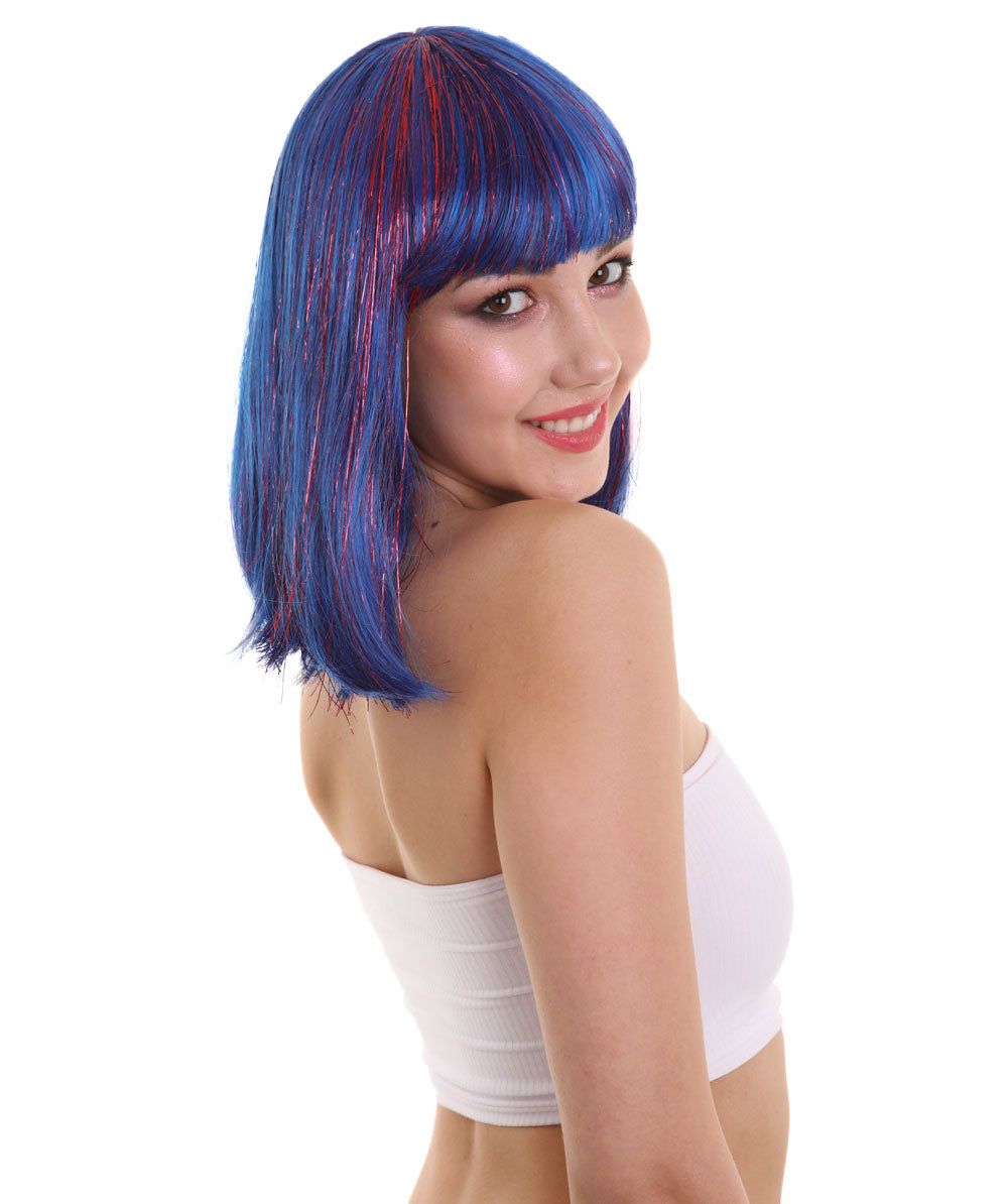 ハロウィンパーティー H-5216 ティンセルボブ チンレングスウィッグ ティンセルハイライト付き ブルー&パープル プレミアム通気性キャップレスキャップ