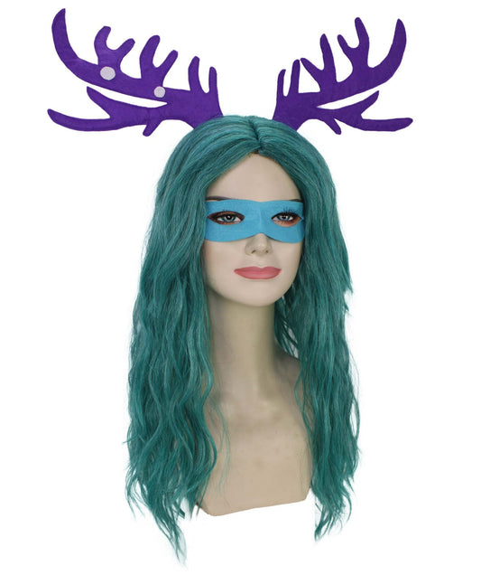 女性用 H-6238 フォレストスピリット グリーン ロングウィッグ 角とアイマスク付き 難燃性合成繊維
