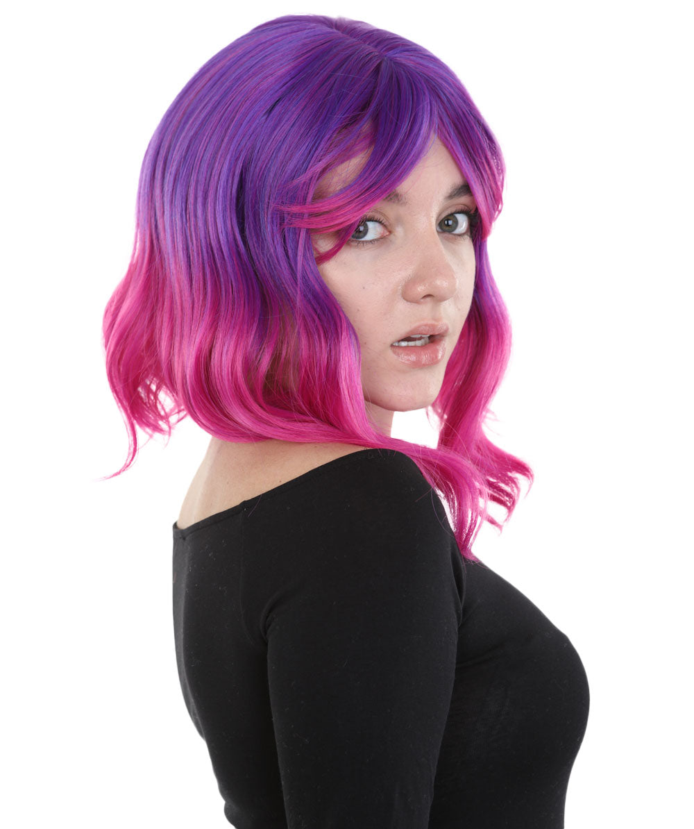 女性用ショルダーレングス 熱耐性ウェービーボブウィッグ パープル H-5198 コスプレウィッグ プレミアム通気性キャップレスキャップ