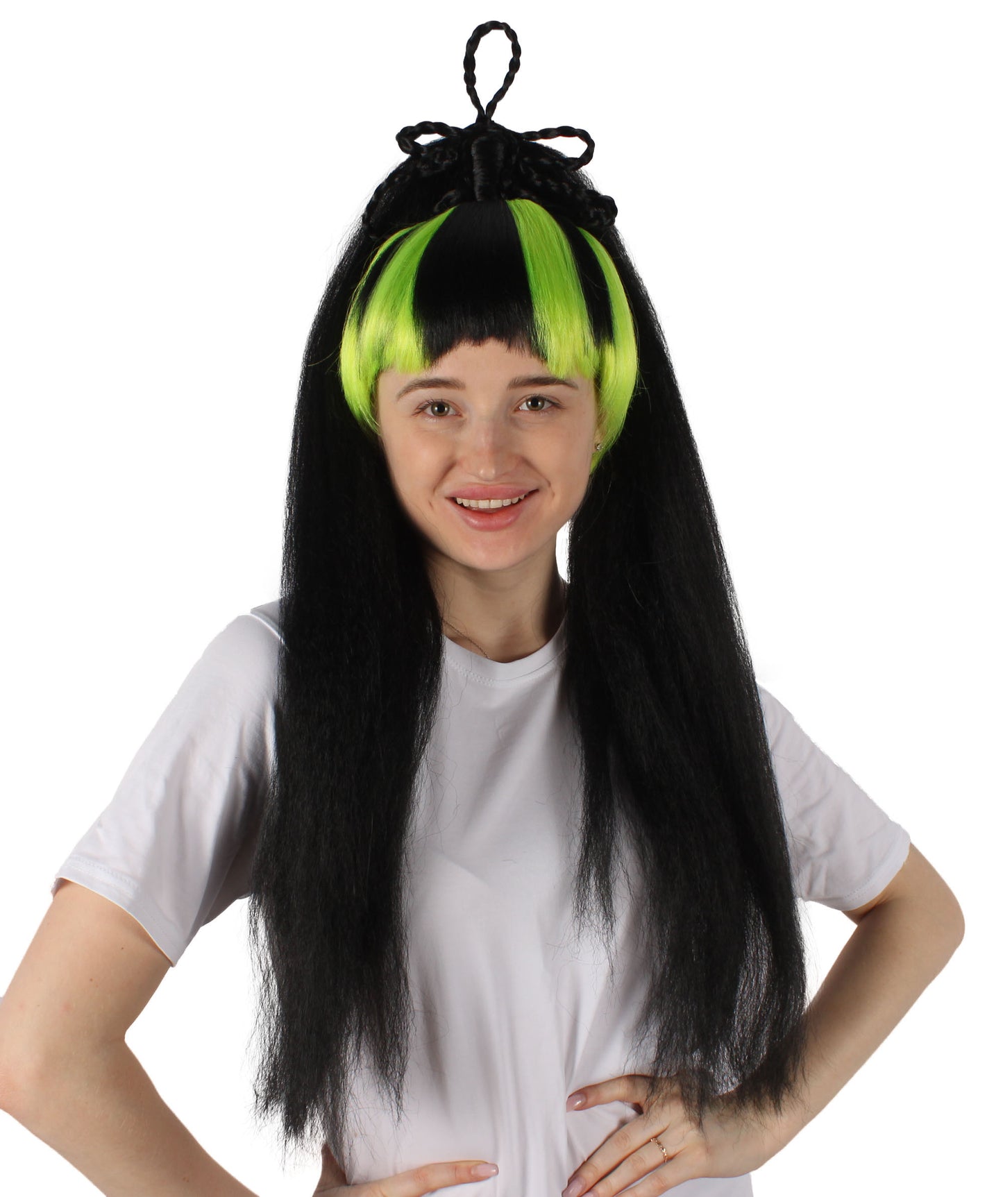 女性用 H-6213 Egirl ロング ブラック&グリーン ウィッグ コスプレウィッグ 難燃性合成繊維