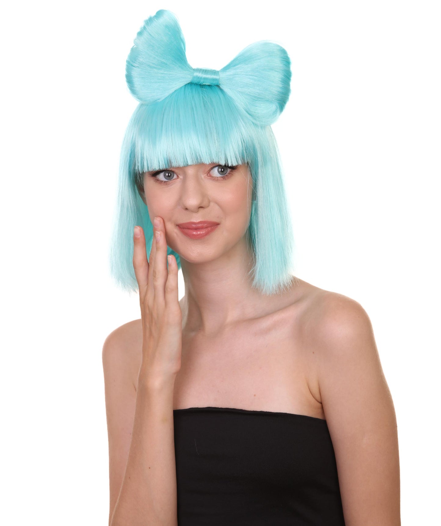 大人の女性用 H-1663 ライトブルーバタフライボウウィッグ セレブリティウィッグ ハロウィン用 プレミアム通気性キャップレスキャップ