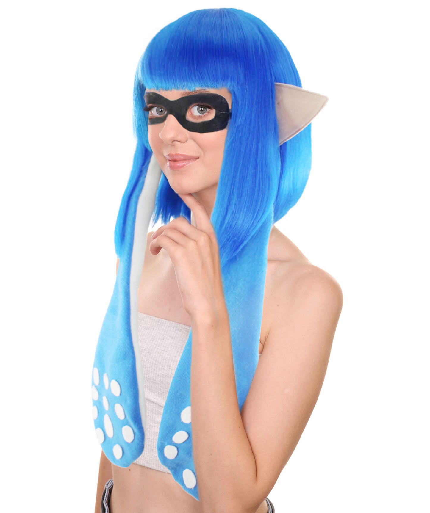 ハロウィンパーティ プレミアムレディース H-4717 スプラトゥーン ブルーインクリングガール ブルーウィッグと耳、マスクセット