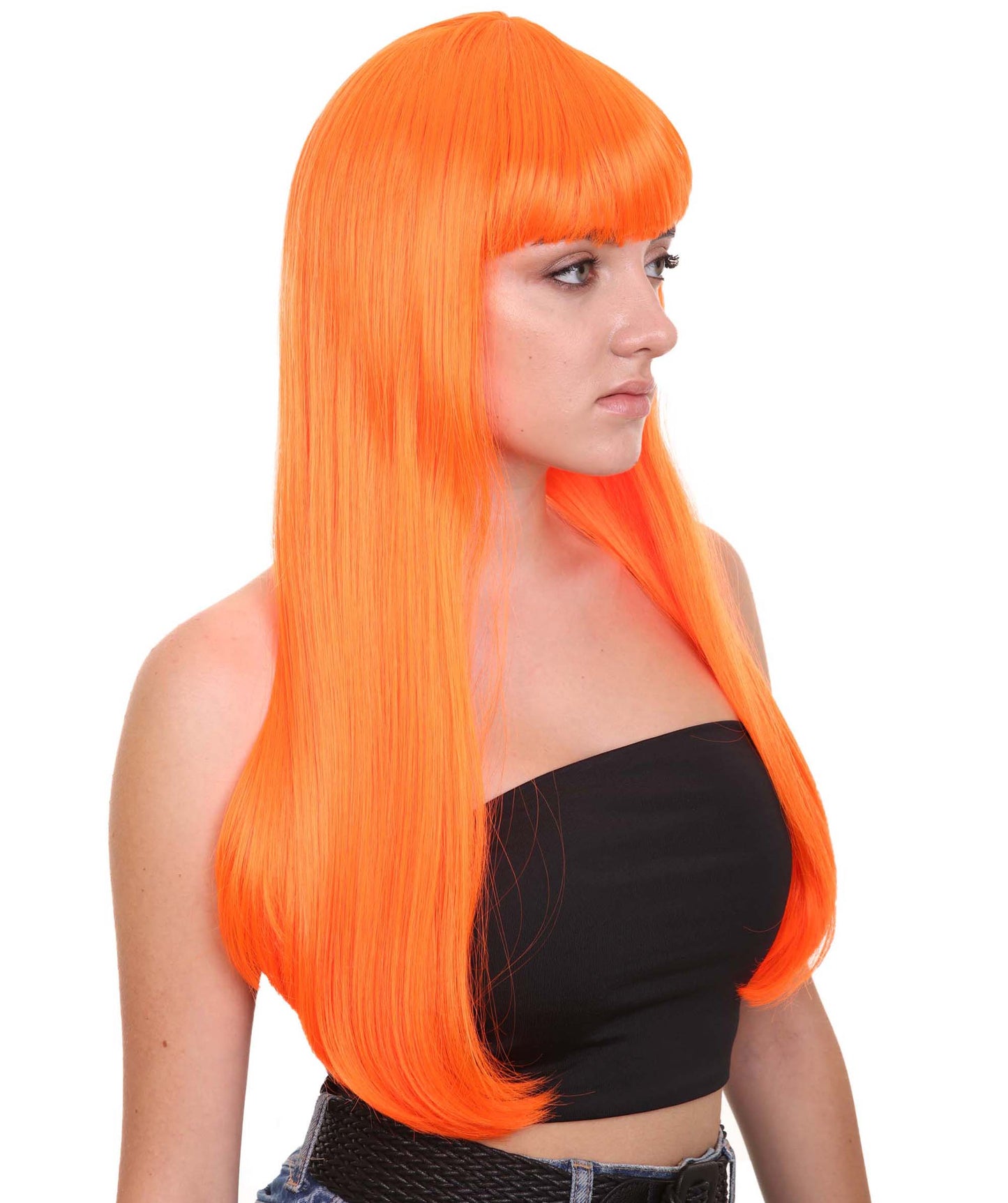 ロングボブネオンオレンジ女性用ウィッグ H-3363 華やかなパーティーイベント準備完了のハロウィンウィッグ プレミアム通気性のあるキャップレスキャップ