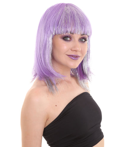 ハロウィンパーティ H-5213 女性用 ロングバイオレット90'sボブ シルバーティンセルハイライトウィッグ プレミアム 通気性抜群のキャップレスキャップ
