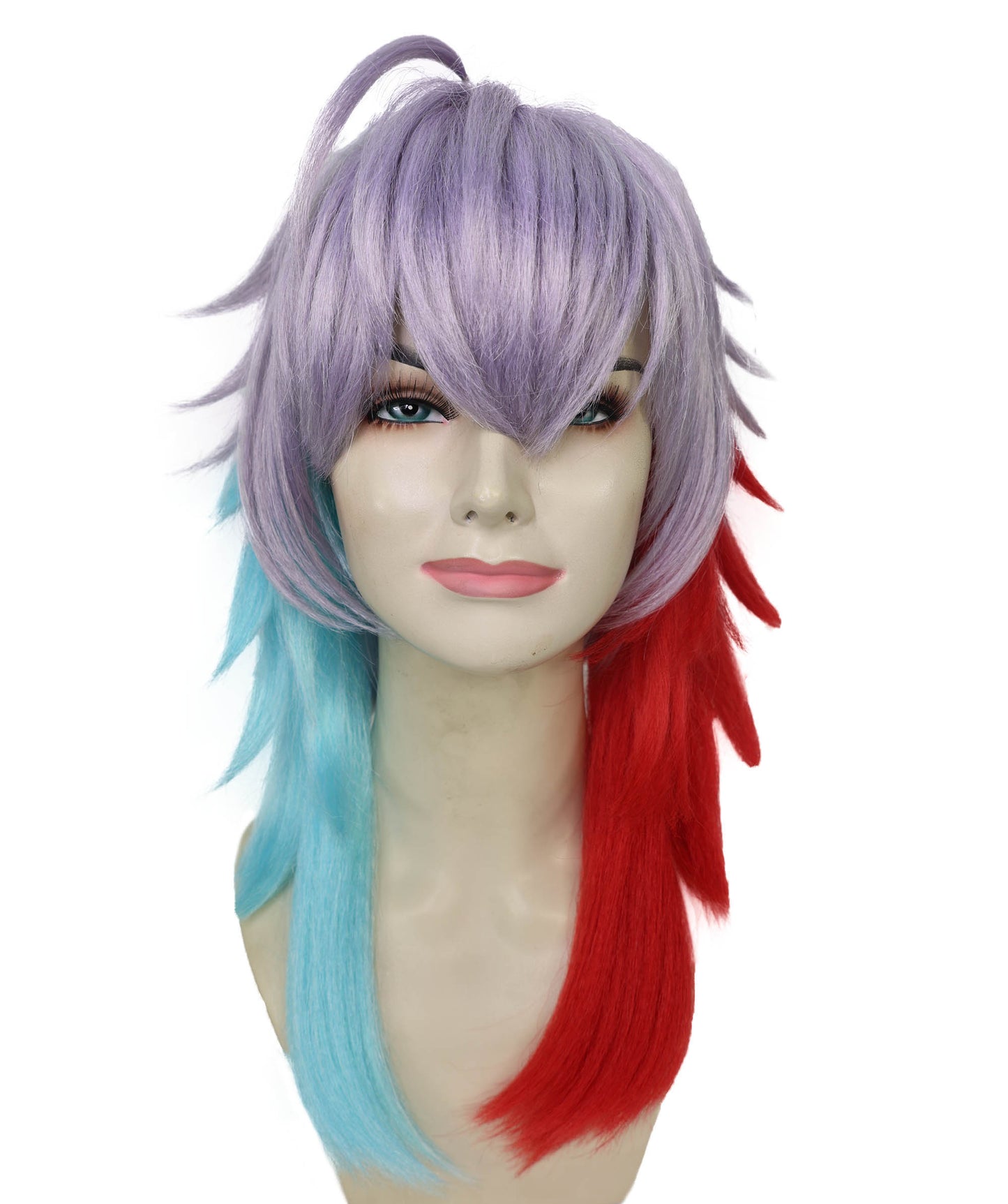Wigs2you H-6932 大人女性用アニメ風グラデーションコスプレウィッグ｜レッド＆ブルーのツートンカラーのオンブレチップとシルバーのレイヤードベース｜ハロウィンやコスプレに最適